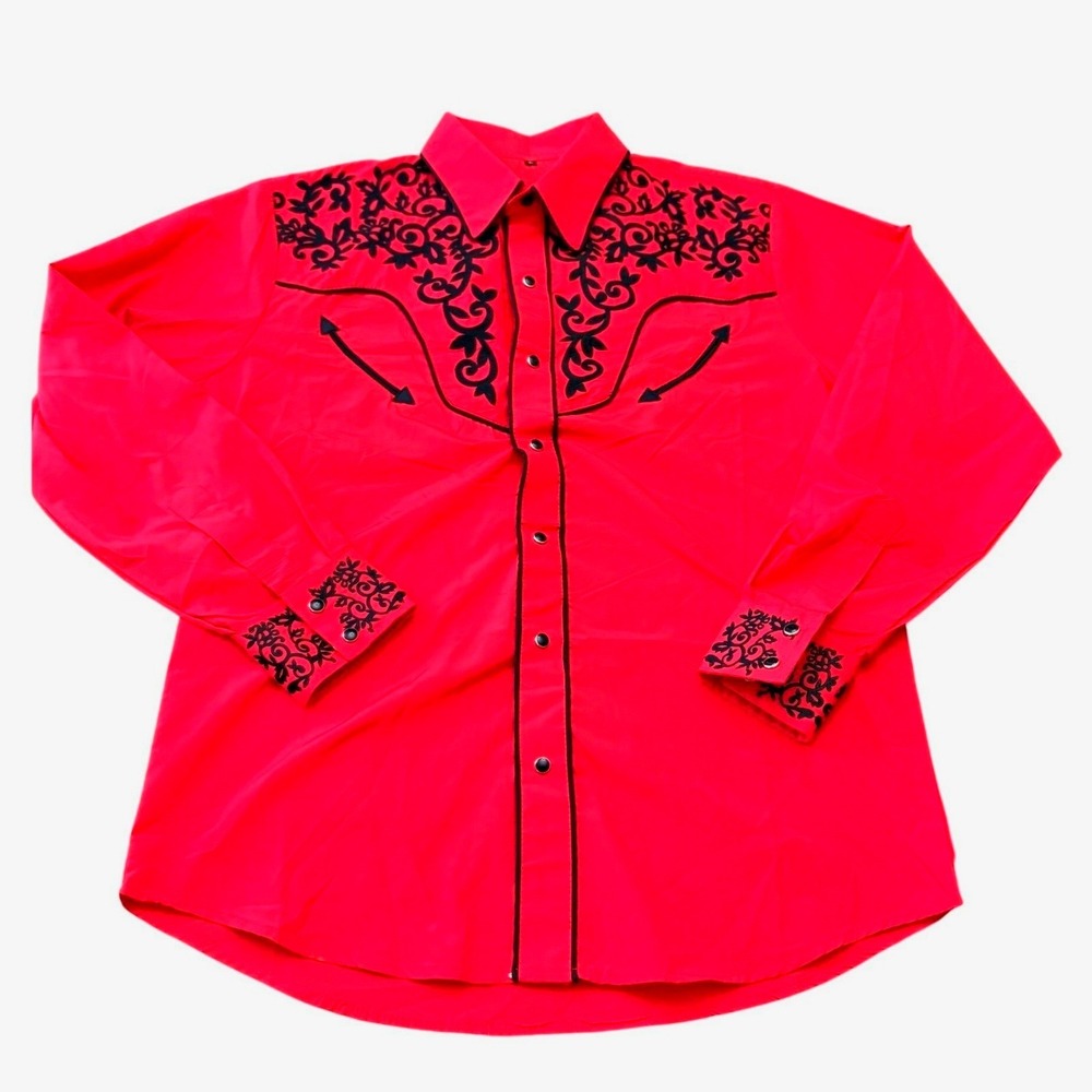 The American West Mens Large Red Black Embroidered Western Button Down Shirt